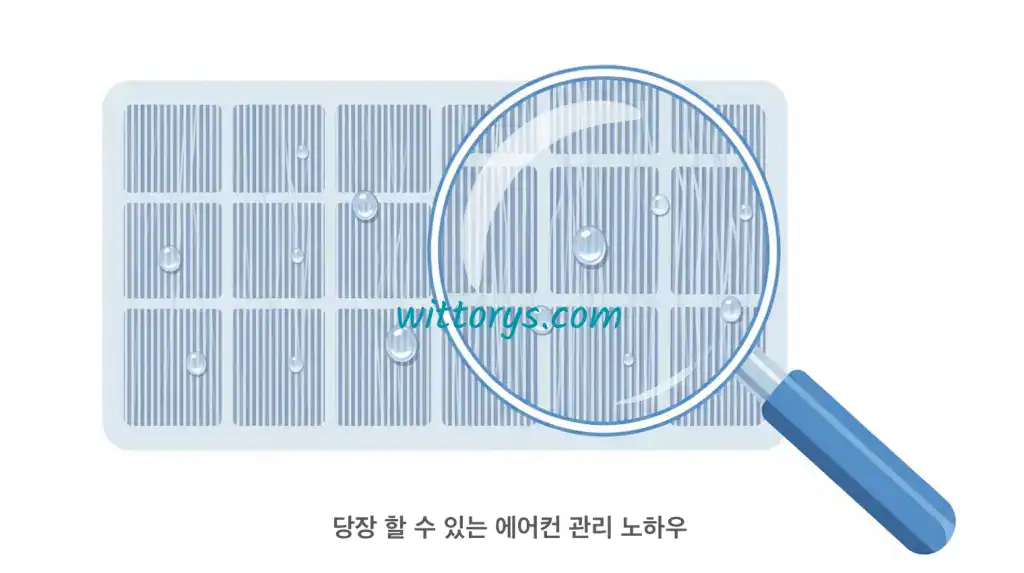 레지오넬라균 예방하는 에어컨 관리 노하우. 에어컨 필터를 돌보기로 확대한 벡터이미지