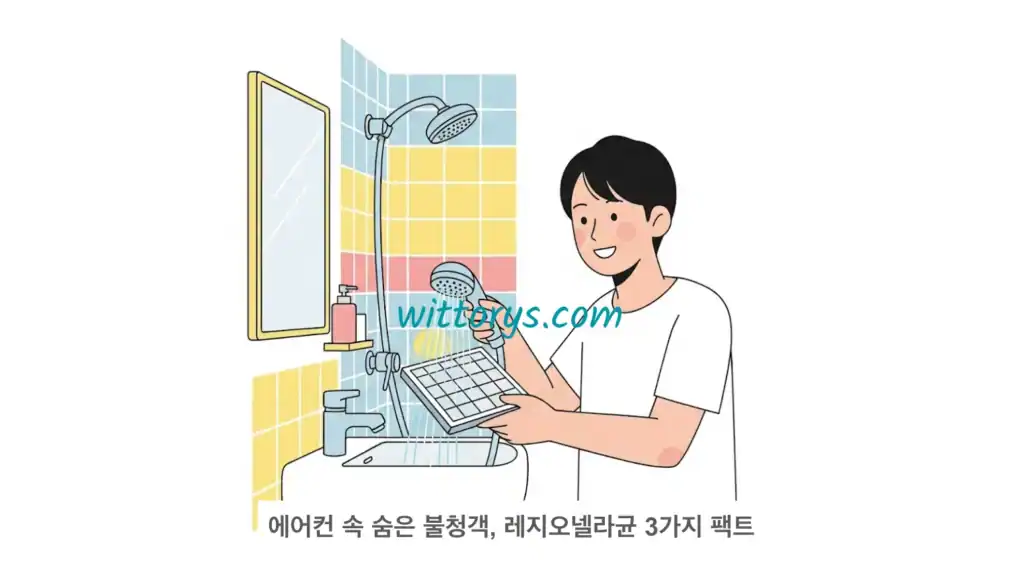 레지오넬라균 3가지 팩트. 화장실에서 에어컨 필터를 세척하는 모습을 표현한 벡터 이미지