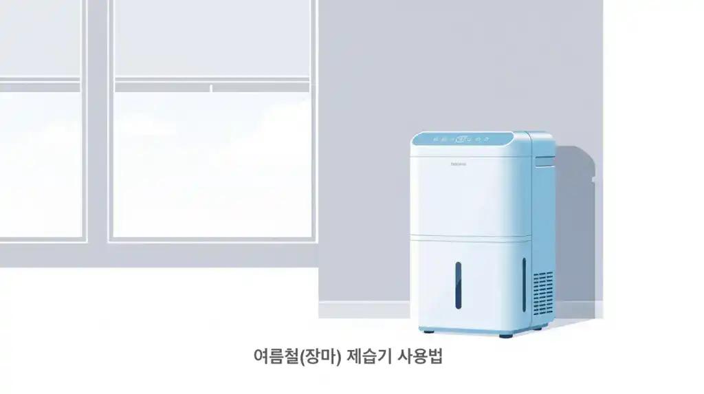 여름철 제습기 사용법: 현대식 제습기를 거실 벽에서 멀리 떨어진 곳에 올바르게 배치하고 창문을 닫은 모습의 벡터 이미지