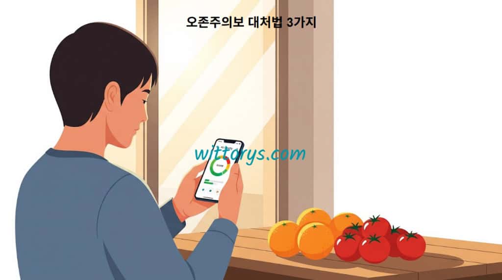 오존 주의보 대처법 3가지. 외출전 실내에서 대기질 앱 확인 하는 벡터이미지