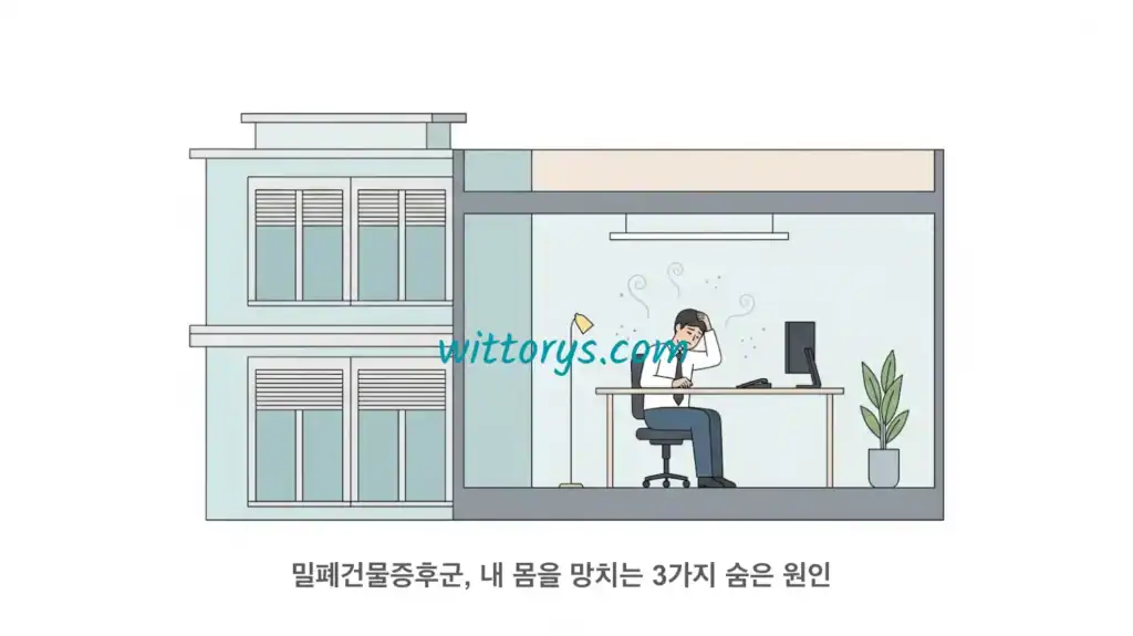 밀폐건물증후균이 몸을 망치는 3가지 원인. 건물안 사무실에서 두통을 호소하는 직장인을 표현한 벡터 이미지