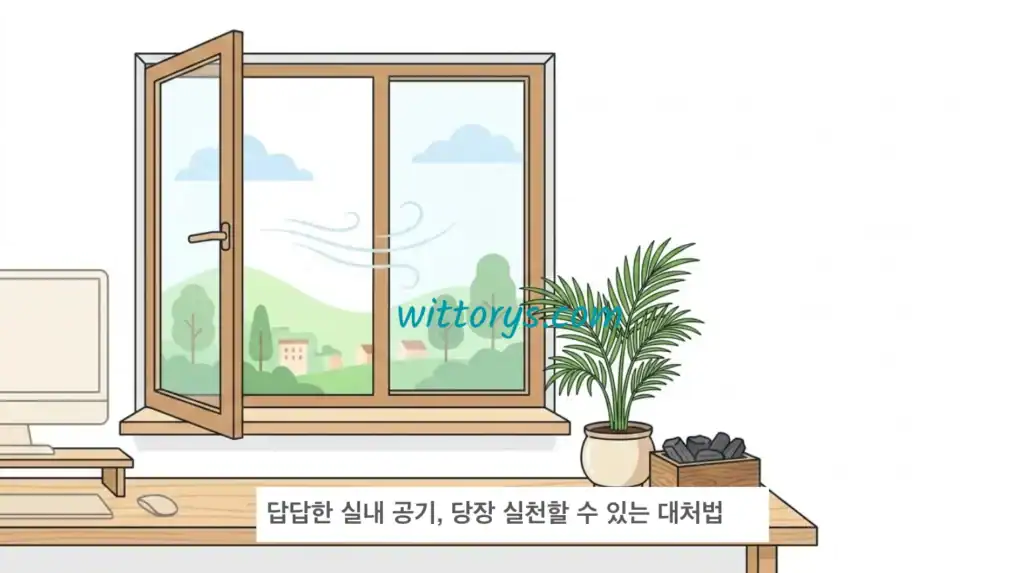 밀폐건물증후군에 도움되는 팁. 책상위에 식물과 숯이 놓여있고 창문을 열어 환기를 하고 있는 모습을 표현한 벡터이미지