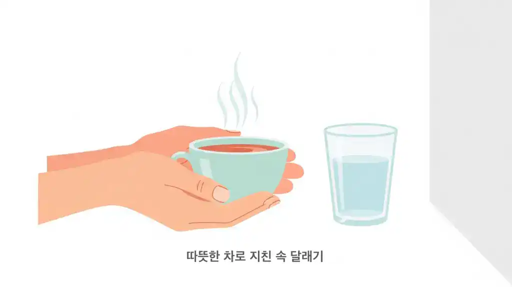 따뜻한 차로 지친 속 달래기. 떠뜻한 차와 실온의 생수를 표현한 벡터 이미지