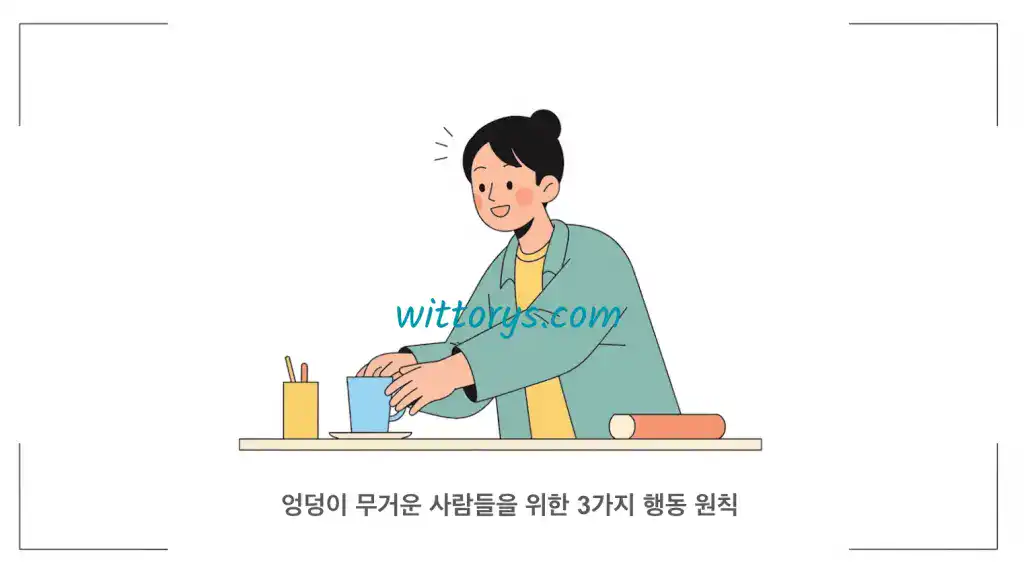 엉덩이 무거운 사람들을 위한 실행력 높이는 법 3가지 행동 원칙. 책상을 정리하고 있는 여성을 표현하는 벡터이미지